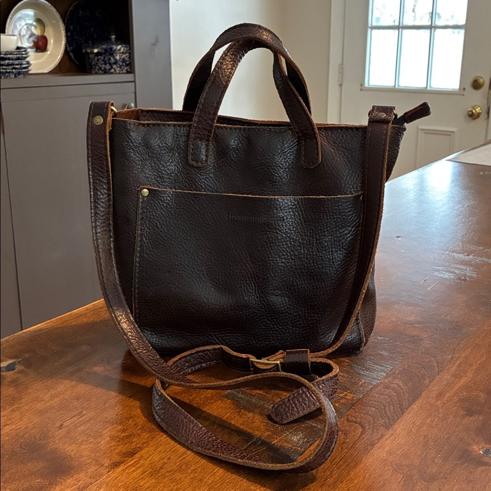Portland Leather Mini Crossbody Tote with zipper in Coldbrew